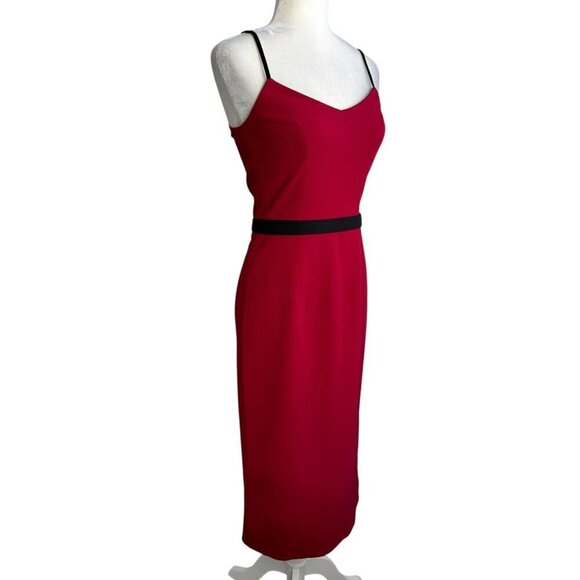 Dress the Population Emma V Neck Red Sleeveless Belted Holiday Midi Dress Size S - Picture 7 of 12